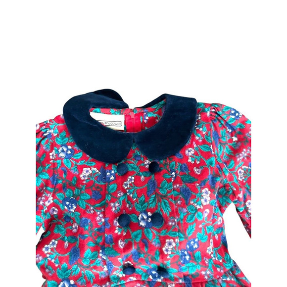 Vintage Jenny Mcdowell Girls Floral Dress Red Blue Velvet Button England Size 6 - Picture 2 of 11